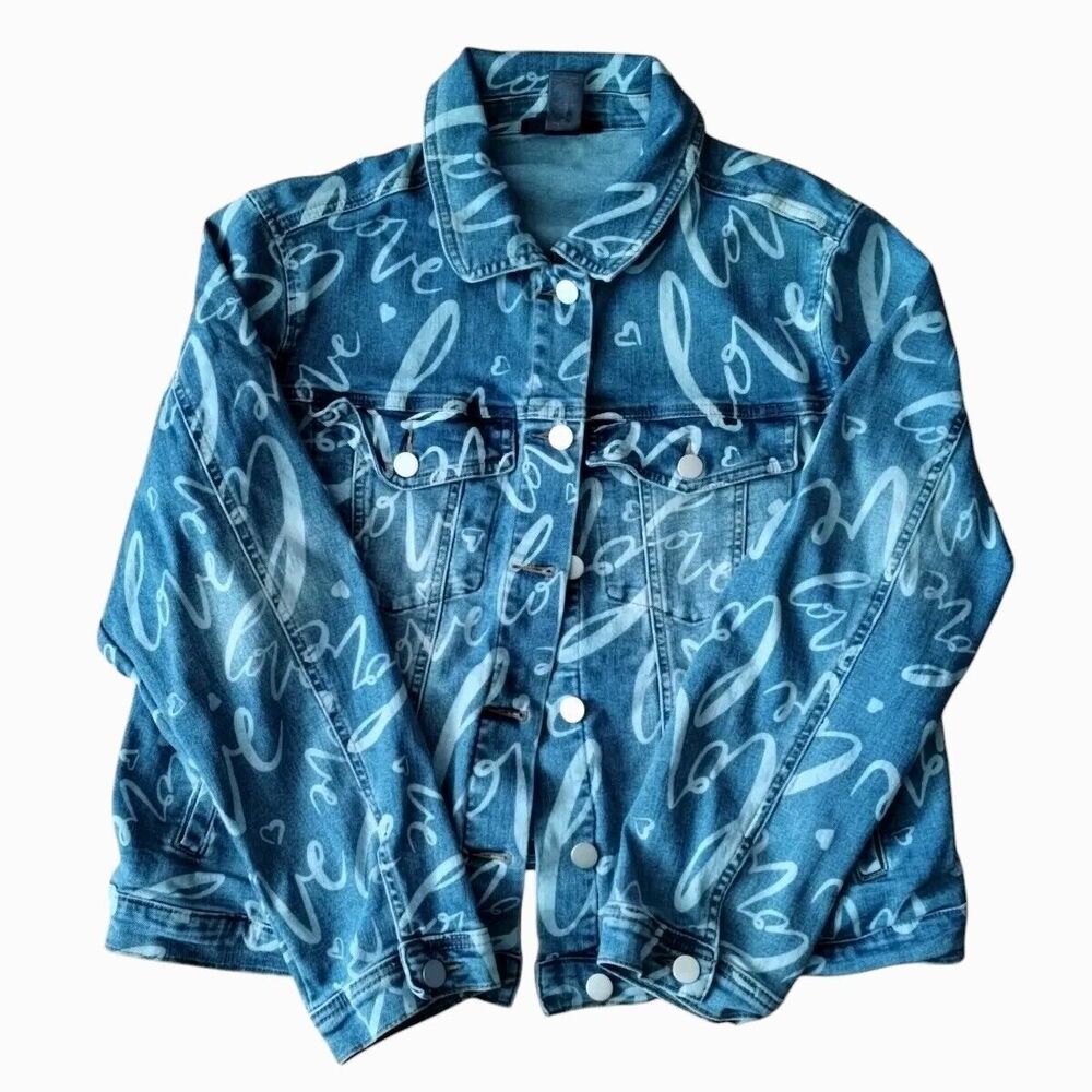 Ashley Stewart Blue Denim Jean Jacket "Love" in Script All Over Print Size 10/12